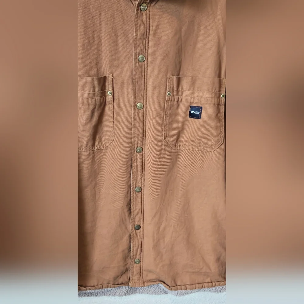 Walls Workwear Sherpa Lined Jacket Brown Canvas Snap Front Coat Warm Utility S2X - Picture 4 of 11
